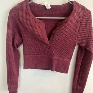 Offline by Aerie Waffle Henley Cropped Long Sleeve in Brick